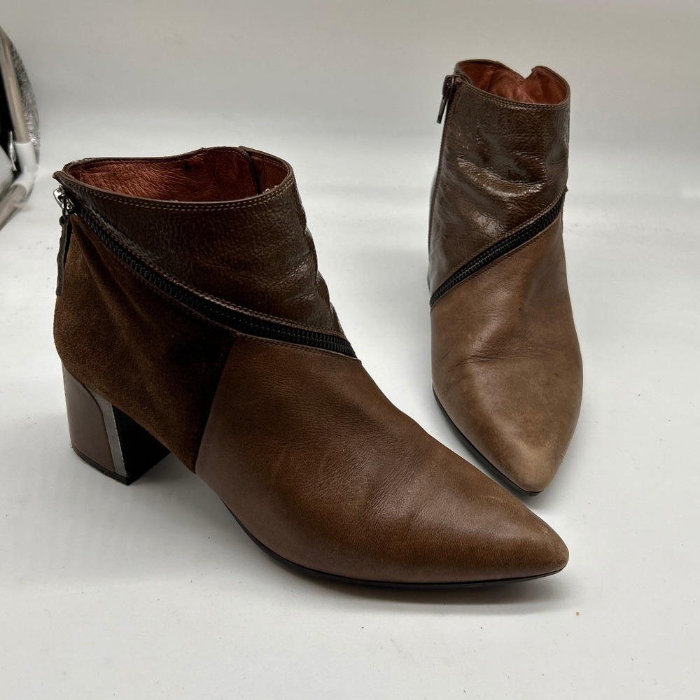Hispanitas Brown Mixed Media Leather Suede Patent Ankle Boots Block Heel Size 40